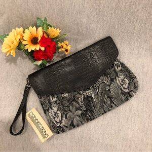 NWT - Connections Black and Gray Floral Tapestry Clutch Bag